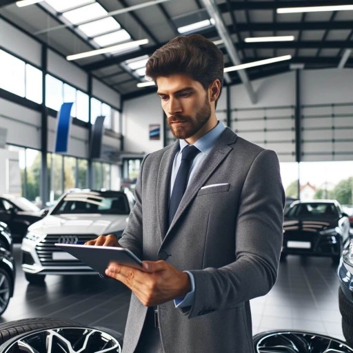B2B Online-Reifenhandel im Autohaus - die Premium Plattform Blitz24 Autohausverkäufer nutzt Tablet zur Reifenbestellung auf blitz24.eu vor PKWs und Reifen